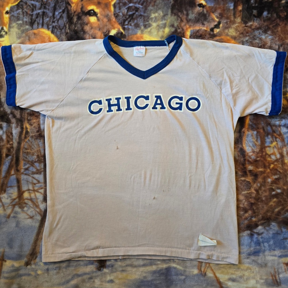 Vintage Chicago Cubs 80s Ringer V-Neck Single Stitch Pink Baseball Tee sz XL